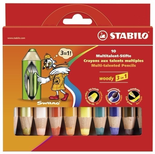 STABILO Woody 3 in 1 - Matita Colorata Multi-Funzione con Temperino - Astuccio da 10 Colori Assortiti - Mina XXL da 10 mm