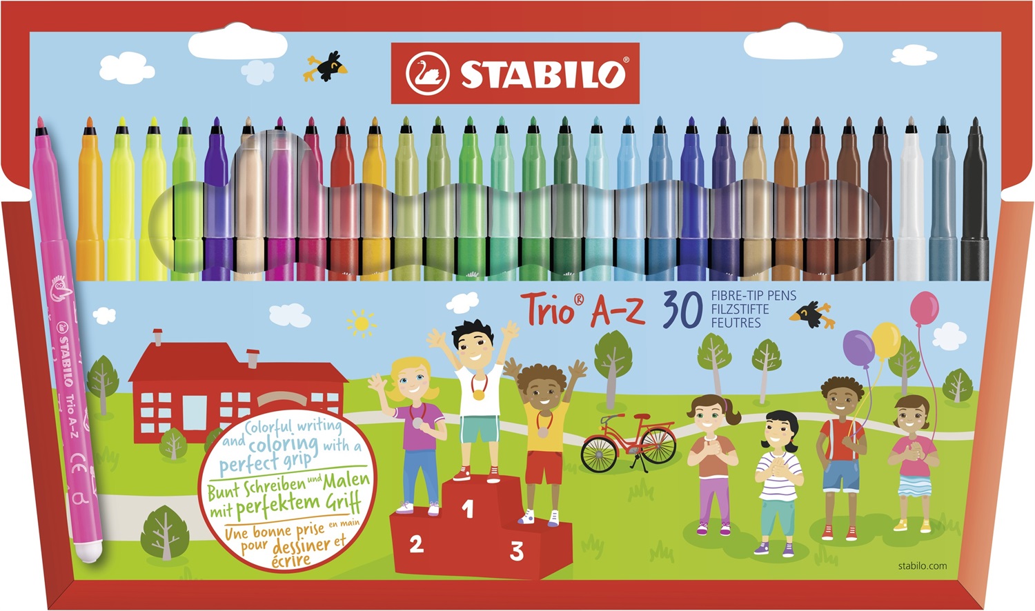 STABILO Trio A-Z - Pennarello a Punta Fine 0,7 mm con Fusto Triangolare - Confezione da 30 Colori Assortiti
