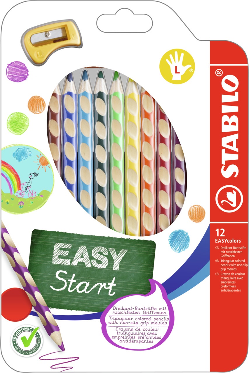 STABILO EASYcolors - Matite Colorate Ergonomiche per Mancini - Astuccio da 12 Colori Assortiti con Temperino - Fusto Triangolare e Antiscivolo