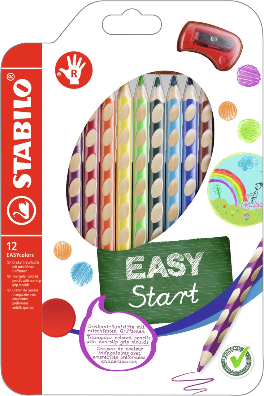 STABILO EASYcolors Matite Colorate Ergonomiche per Destrimani - Astuccio da 12 Pezzi con Temperino - Fusto Triangolare e Mina da 4,2 mm