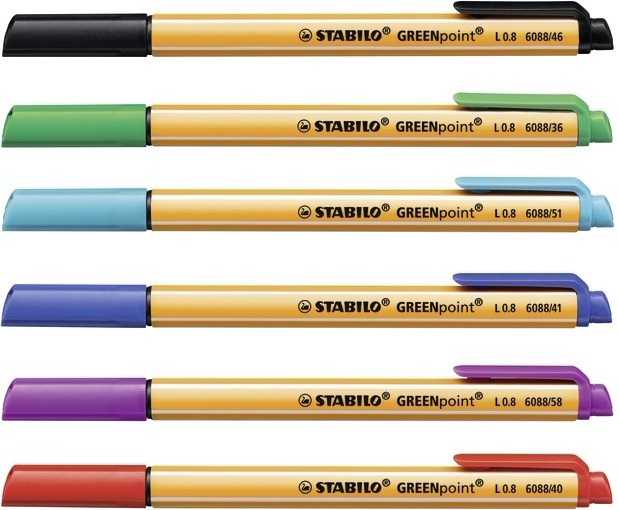 STABILO GREENpoint - Penna Ecosostenibile con Punta in Fibra 0,8 mm - Astuccio da 6 Colori Assortiti (Nero, Blu, Rosso, Verde, Turchese, Lilla)