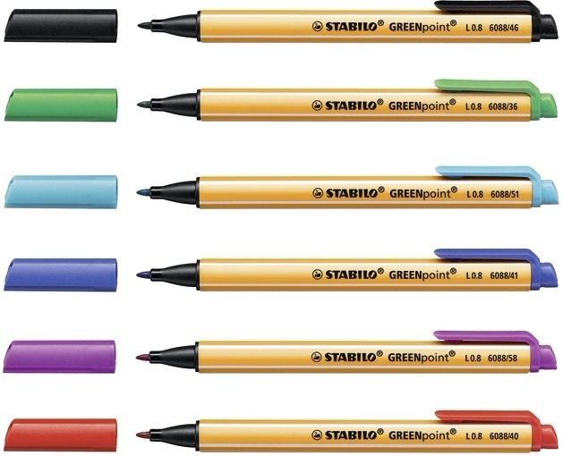 STABILO GREENpoint - Penna Ecosostenibile con Punta in Fibra 0,8 mm - Astuccio da 6 Colori Assortiti (Nero, Blu, Rosso, Verde, Turchese, Lilla)