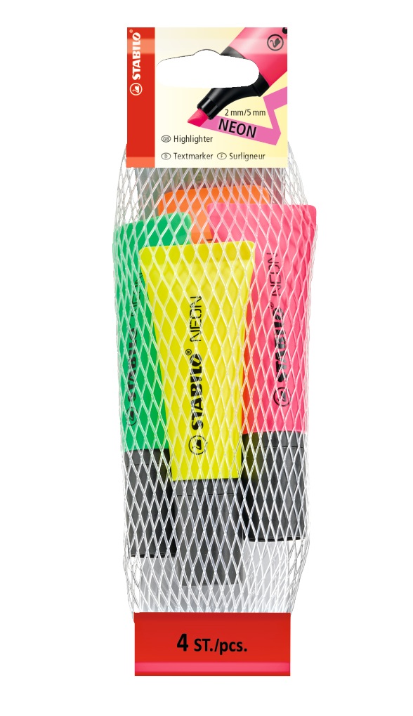 STABILO Neon Evidenziatore - Assortimento 4 Colori (Giallo, Verde, Arancione, Rosa) - Punta a Scalpello - Tratto 2-5 mm - Inchiostro a Base d'Acqua