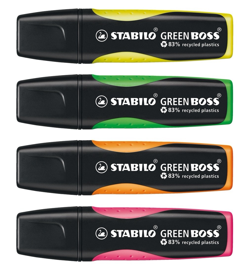 STABILO GREEN BOSS Evidenziatore Ecosostenibile - Astuccio da 4 Colori Assortiti (Giallo, Verde, Arancione, Rosa) - Punta a Scalpello 2-5 mm - 83% Plastica Riciclata - Tecnologia Anti-Dry-Out