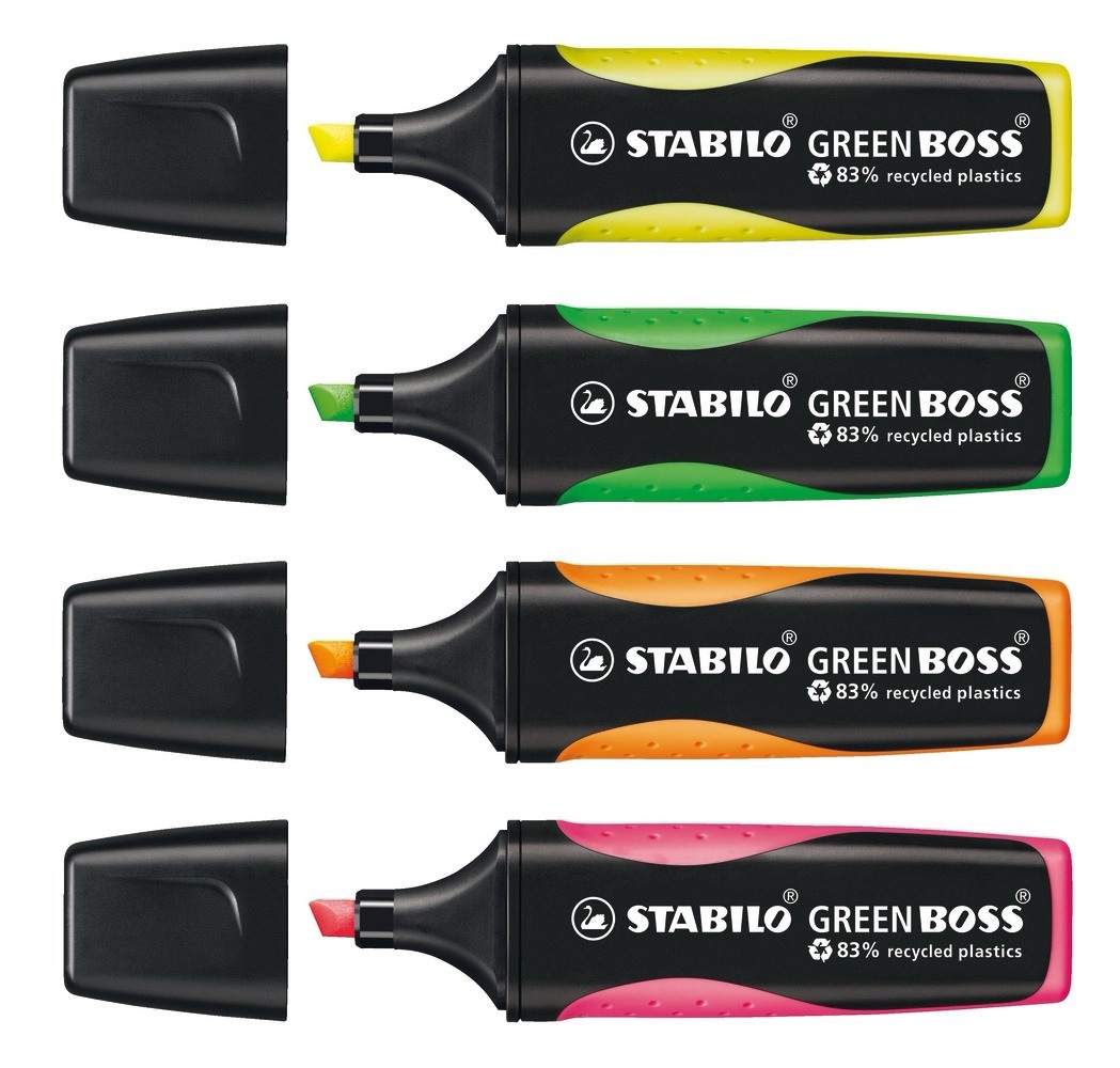STABILO GREEN BOSS Evidenziatore Ecosostenibile - Astuccio da 4 Colori Assortiti (Giallo, Verde, Arancione, Rosa) - Punta a Scalpello 2-5 mm - 83% Plastica Riciclata - Tecnologia Anti-Dry-Out