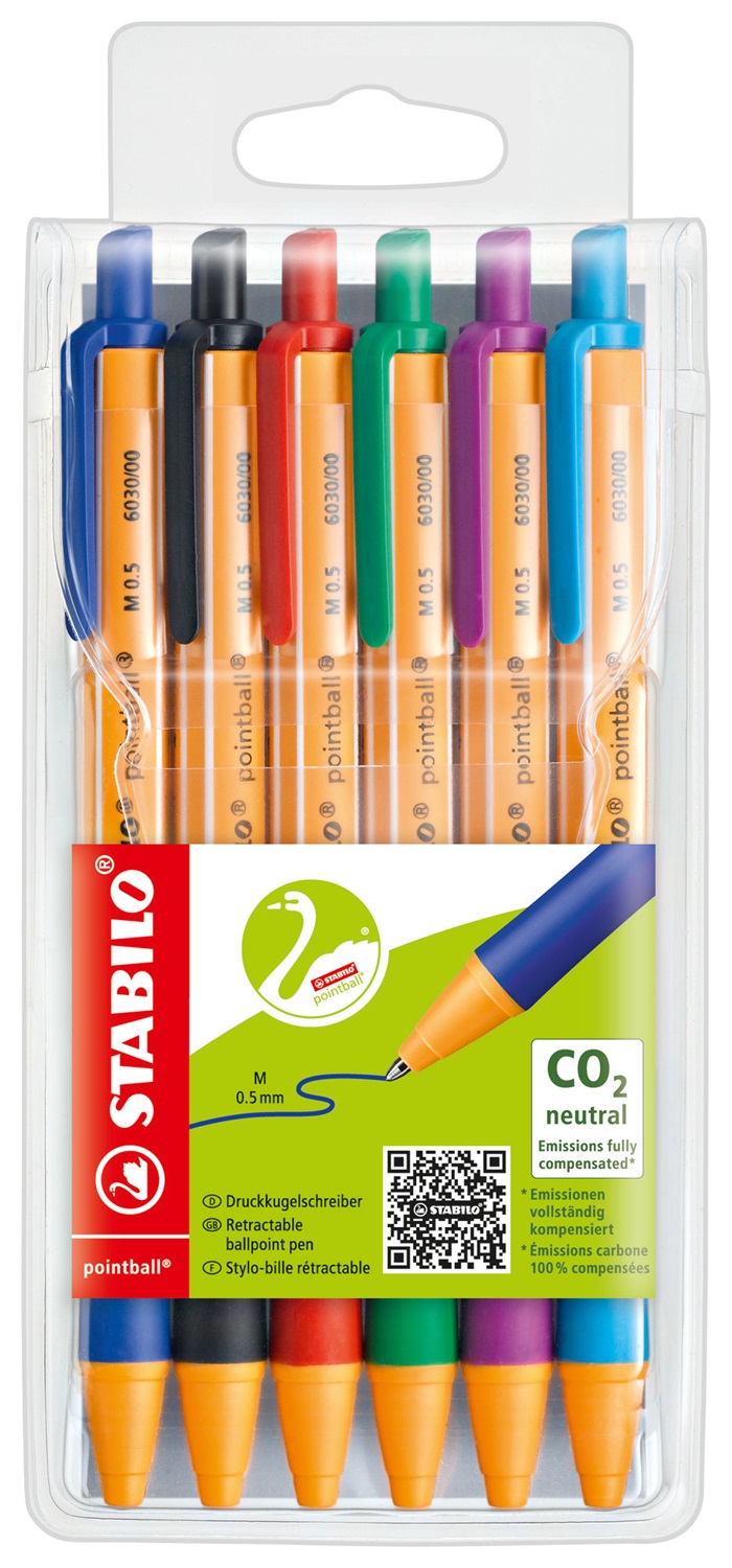 STABILO Pointball - Penna a Sfera Ecosostenibile a Scatto 0,5 mm - Astuccio da 6 Colori Assortiti (Nero, Blu, Verde, Rosso, Turchese, Viola) - Fusto in Plastica Riciclata