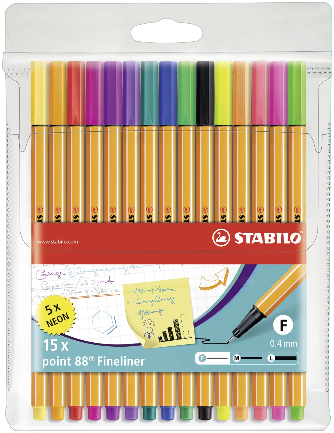 STABILO Point 88 Penna Fineliner Neon Multicolore - Confezione da 15 Pz