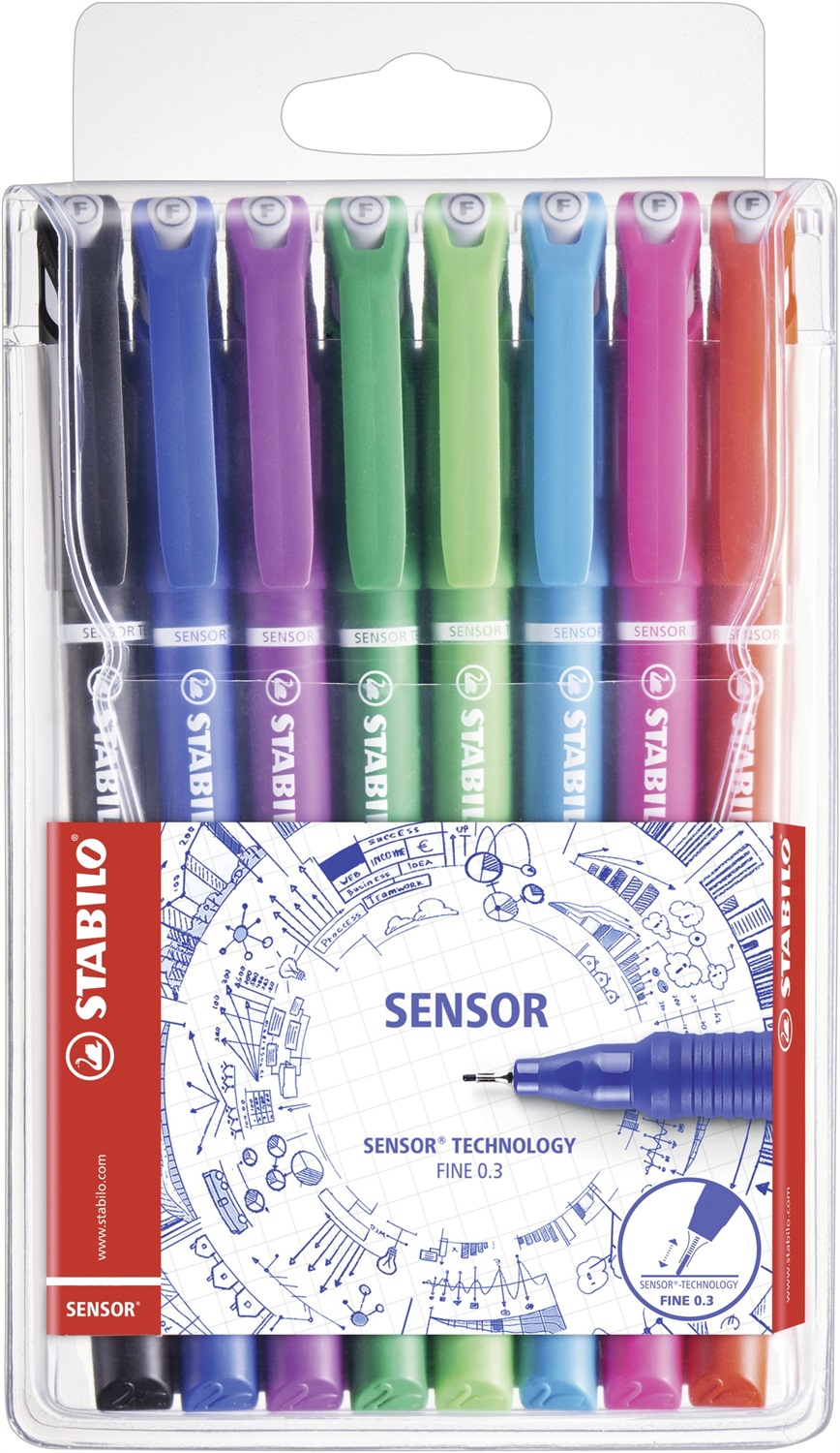 Stabilo SENSOR F Fineliner con Punta Ammortizzata - Tratto Fine (0,3 mm) - Astuccio da 8 Colori Assortiti