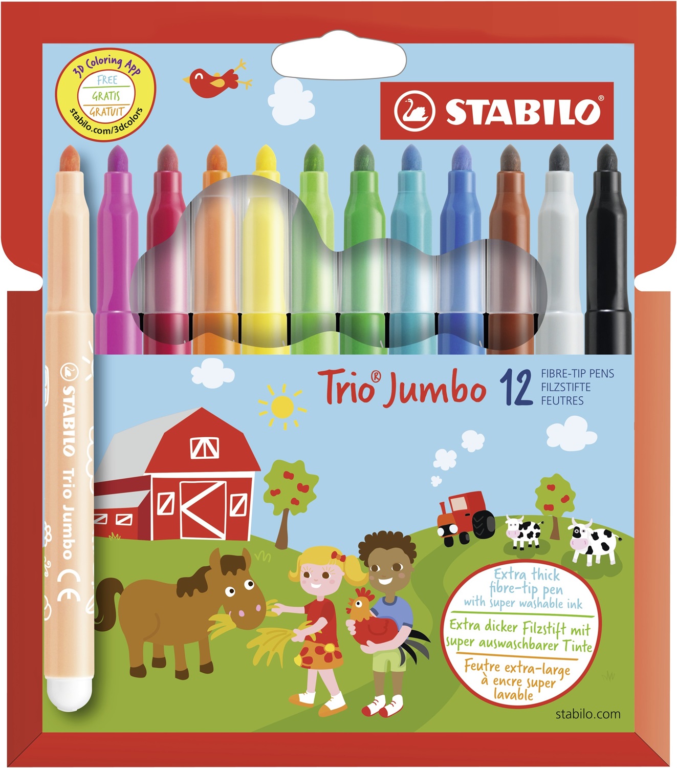 Stabilo Trio Jumbo Pennarelli Super Lavabili - Astuccio da 12 Colori Assortiti, Punta XXL 3mm, Impugnatura Triangolare