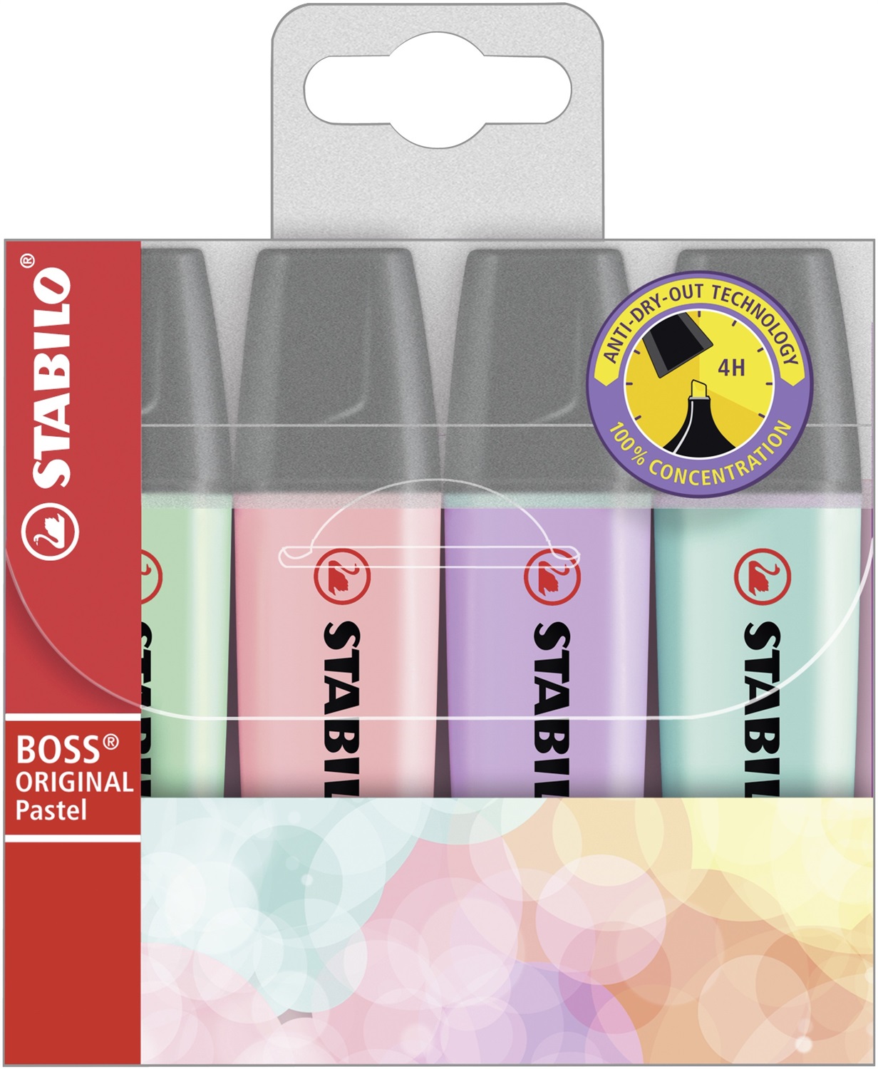 STABILO BOSS ORIGINAL Pastel - Evidenziatore - Astuccio da 4 Colori Assortiti (Verde Menta, Rosa Antico, Glicine, Carta da Zucchero) - Tratto 2-5 mm - Inchiostro a Base d'Acqua