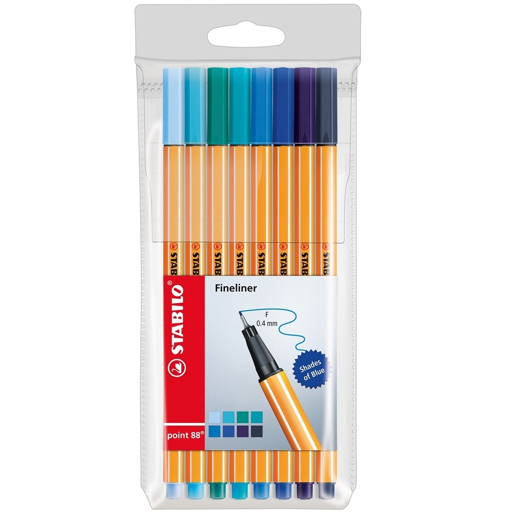 STABILO Point 88 Fineliner 0,4 mm - Astuccio da 8 tonalità di blu, punta rinforzata, cappuccio ventilato