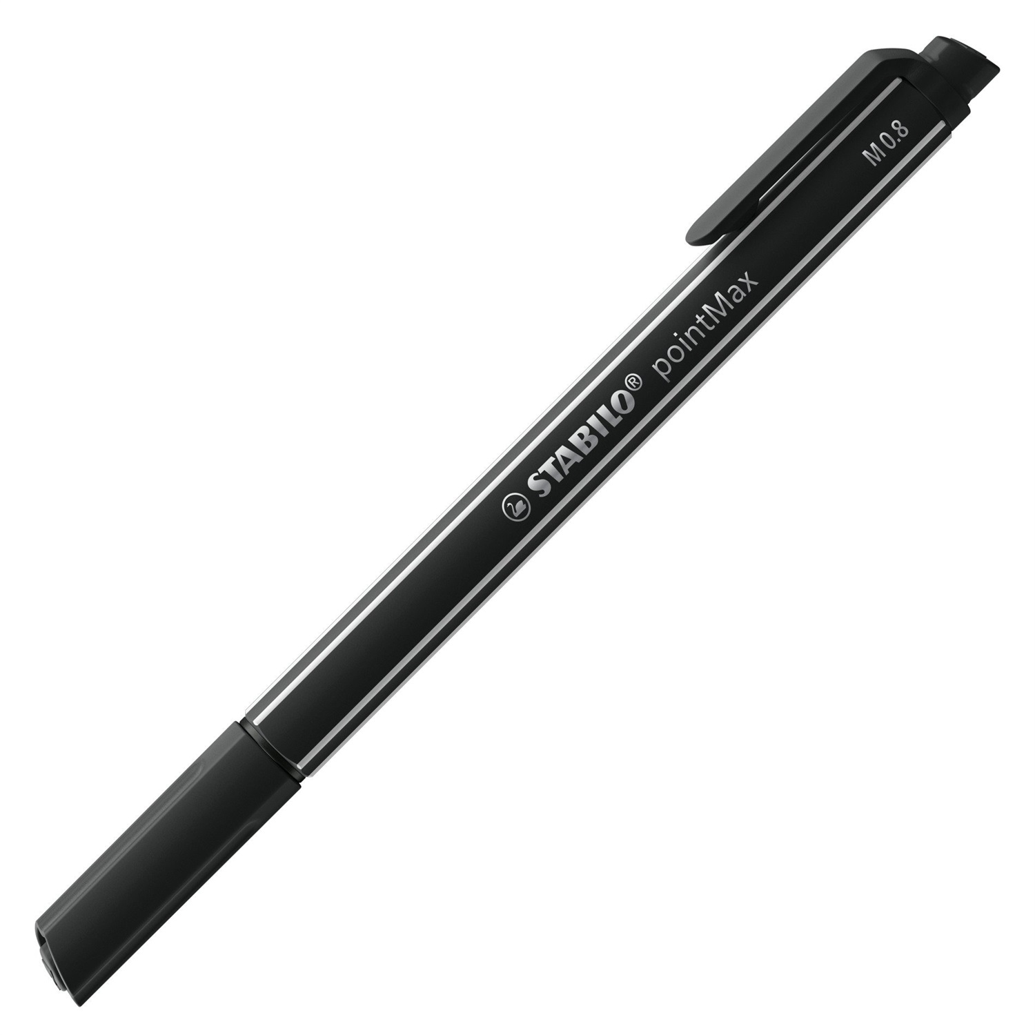 STABILO pointMax Fineliner 0,8 mm Nero - Punta in Nylon, Resistente fino a 24h senza Cappuccio, Formato Tascabile con Clip