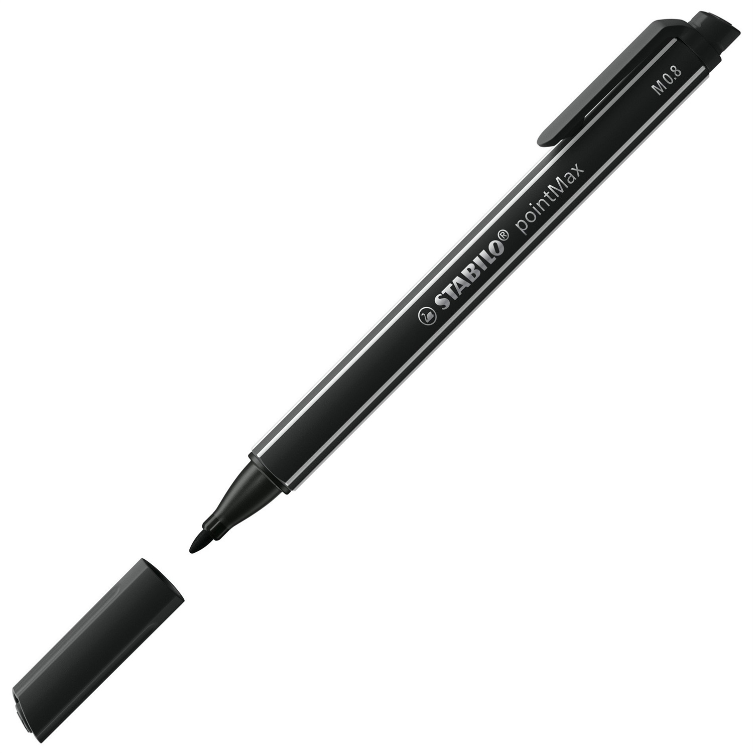 STABILO pointMax Fineliner 0,8 mm Nero - Punta in Nylon, Resistente fino a 24h senza Cappuccio, Formato Tascabile con Clip