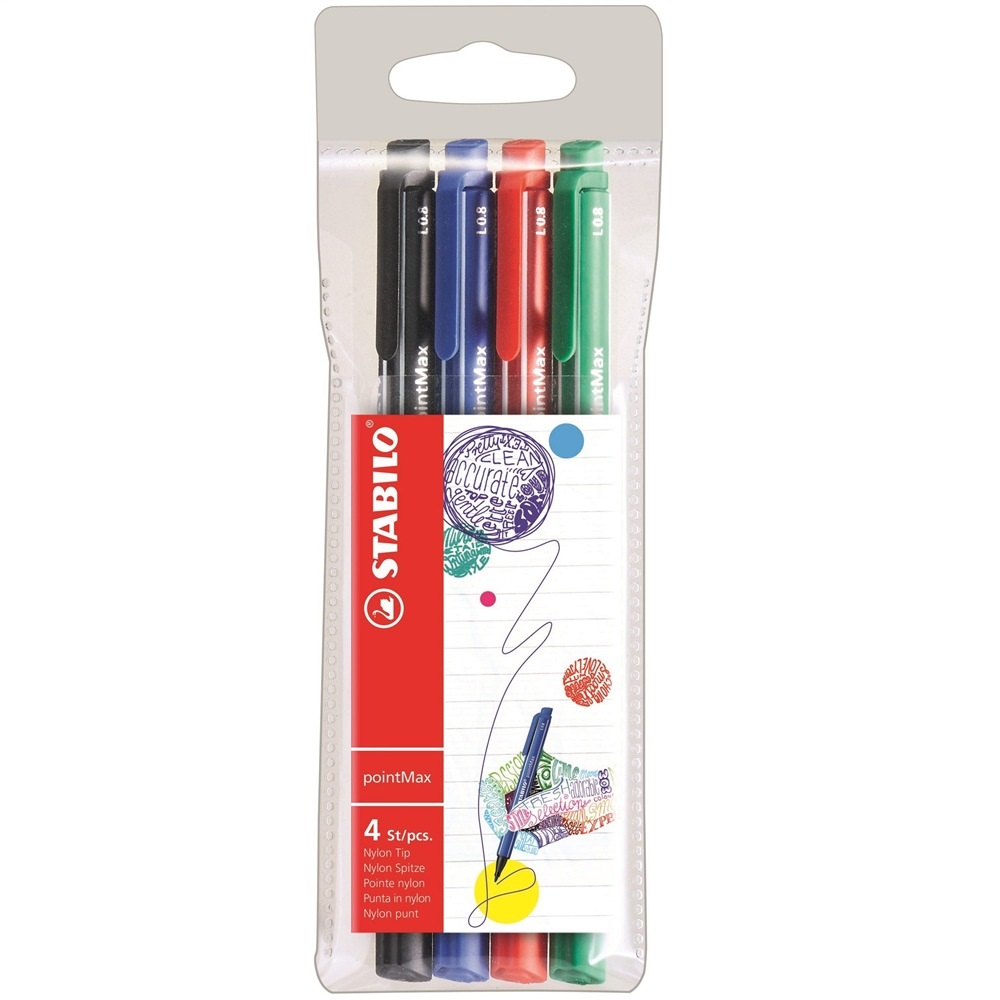 STABILO PointMax Fineliner 0,8 mm - Astuccio 4 colori assortiti (azzurro, verde, rosa, viola) con punta in nylon resistente e inchiostro a base d'acqua