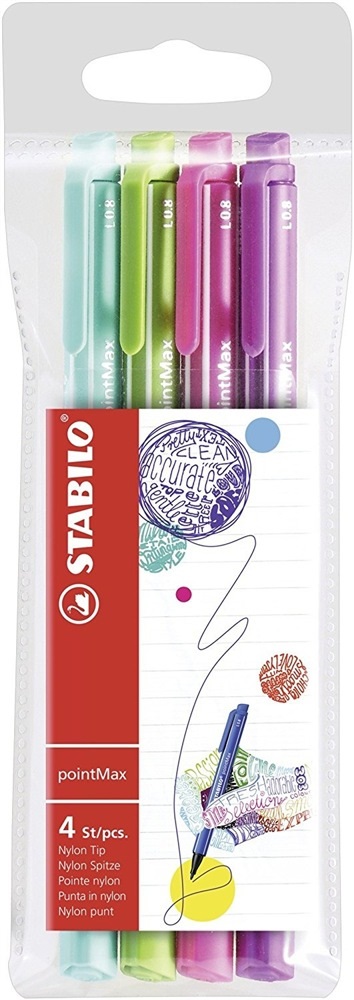 STABILO pointMax Fineliner Premium - Astuccio da 4 Penne con Punta in Nylon 0,8 mm - Colori Assortiti (Azzurro, Verde, Rosa, Viola)