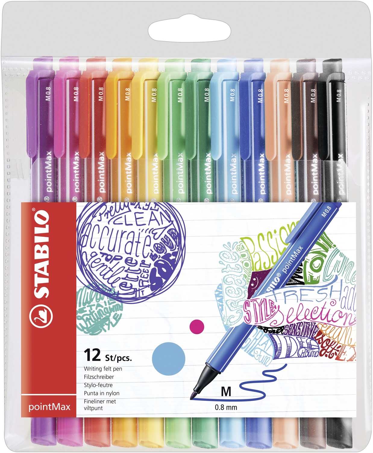 Stabilo pointMax Fineliner 0,8 mm - Astuccio da 12 colori assortiti - Punta in nylon, inchiostro a base d'acqua, resistente fino a 24 ore