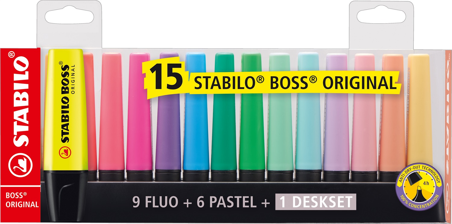 STABILO BOSS ORIGINAL Evidenziatore 15 pz Punta a Scalpello Tratto 2-5 mm Colori Assortiti Fluo e Pastel
