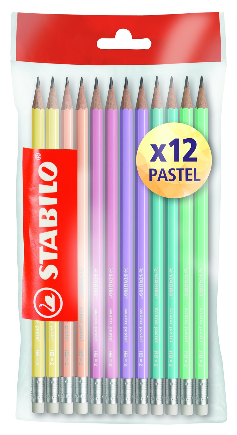 STABILO Matita in grafite Swano Pastel HB - Con gommino - Colori assortiti pastel - Confezione da 12 pezzi