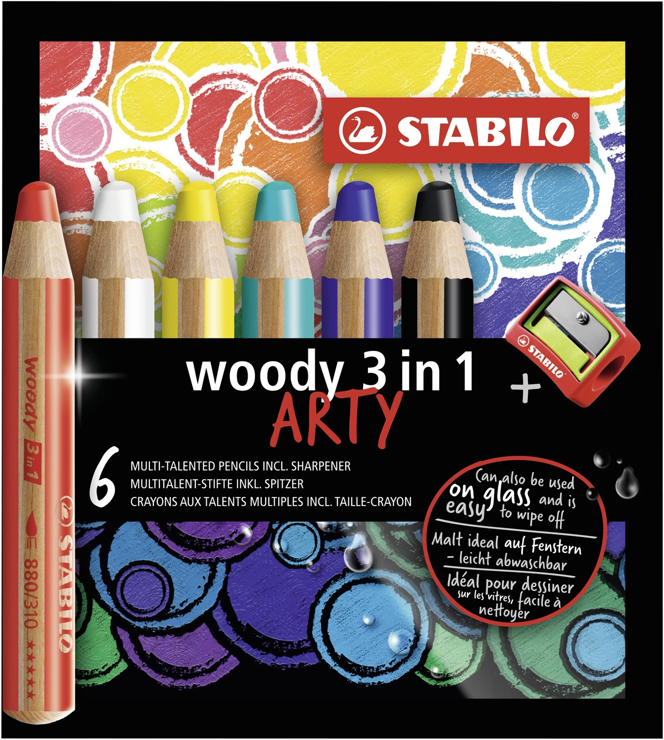 Stabilo Woody 3 in 1 Matita Colorata Multi-Funzione - Punta Larga - Confezione da 6 - Arty Line - Colori Assortiti con Temperino
