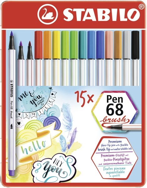 STABILO Pen 68 brush - Pennarello Premium con punta a pennello M 1 mm - Scatola in metallo da 15 colori assortiti