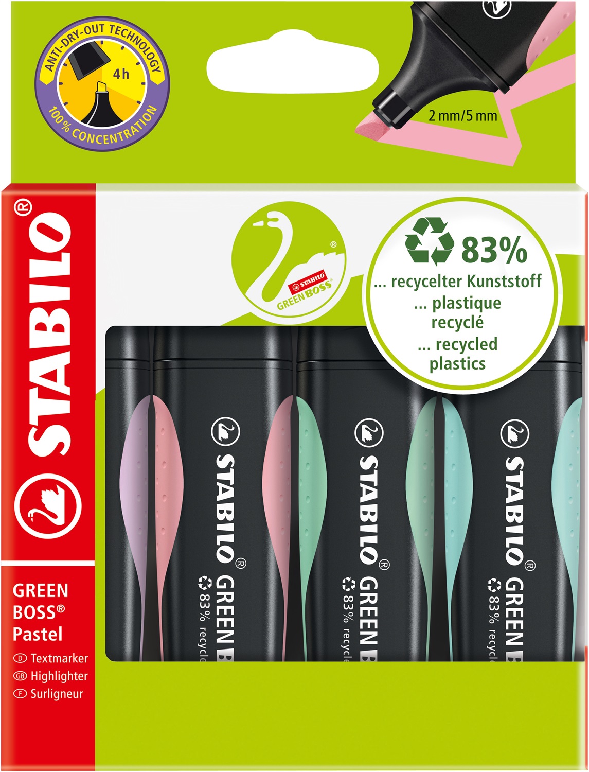 STABILO GREEN BOSS Pastel - Set di 4 evidenziatori ecosostenibili con punta smussata, colori Glicine, Rosa Antico, Verde Menta e Carta da Zucchero, 2-5 mm