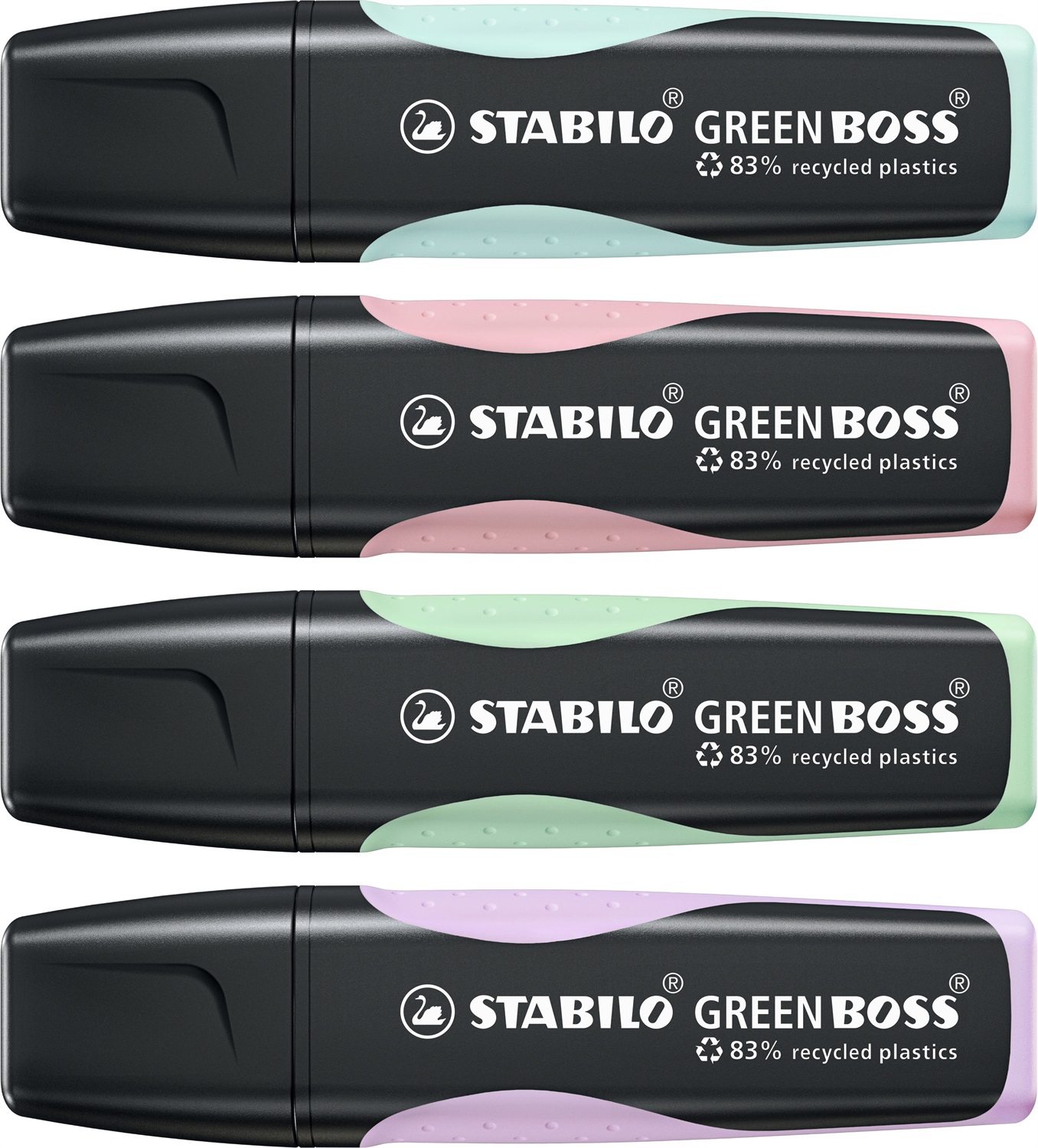 STABILO GREEN BOSS Pastel - Set di 4 evidenziatori ecosostenibili con punta smussata, colori Glicine, Rosa Antico, Verde Menta e Carta da Zucchero, 2-5 mm