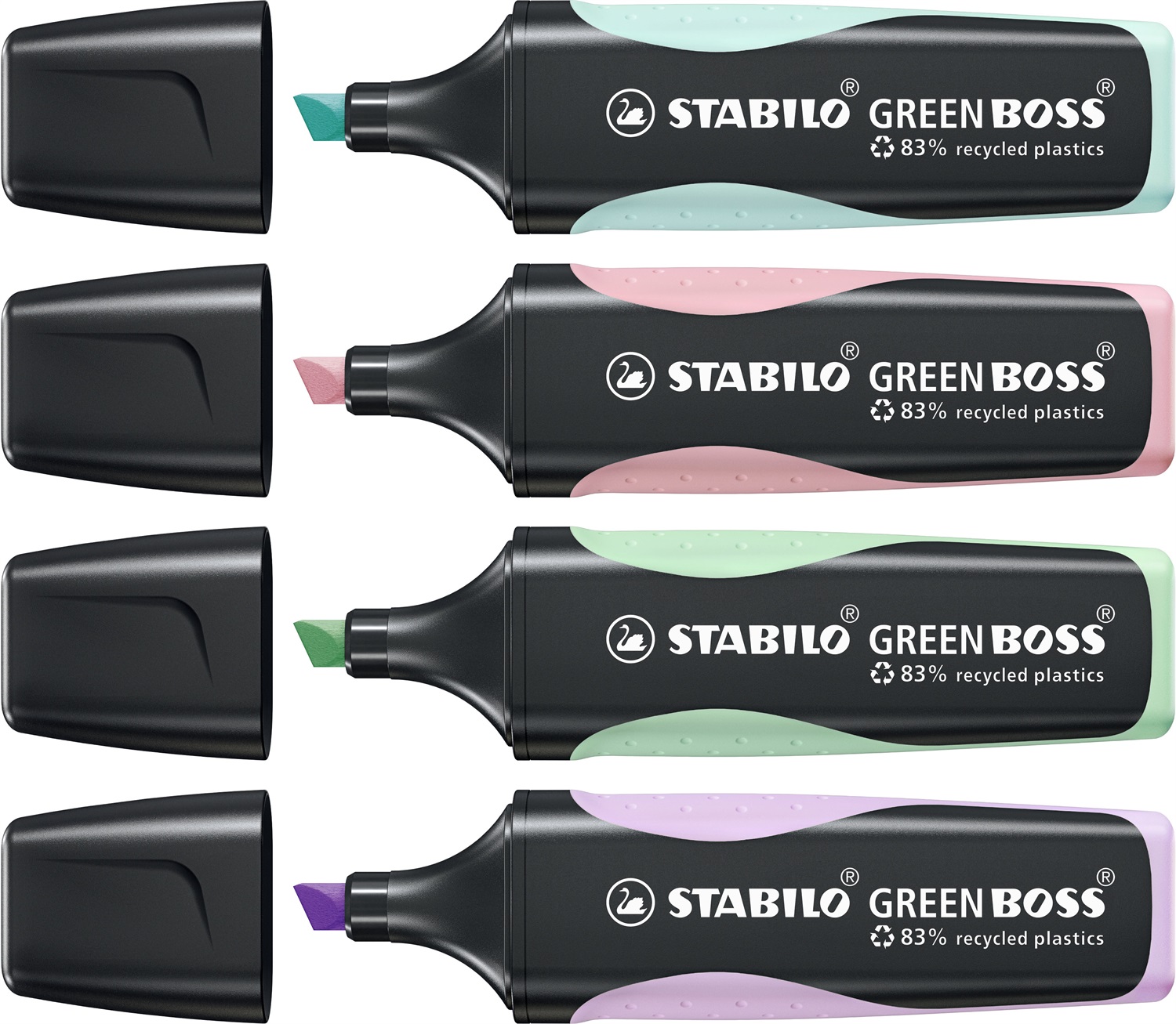 STABILO GREEN BOSS Pastel - Set di 4 evidenziatori ecosostenibili con punta smussata, colori Glicine, Rosa Antico, Verde Menta e Carta da Zucchero, 2-5 mm