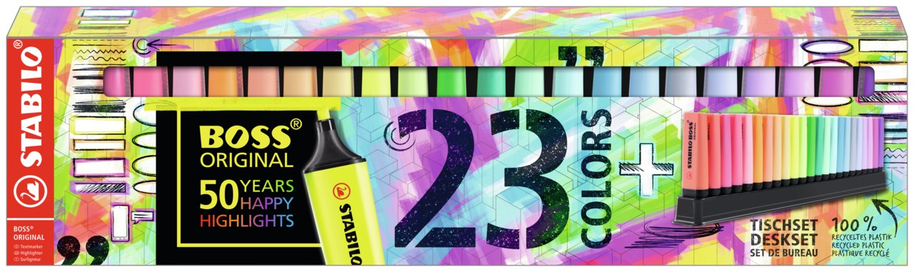 STABILO BOSS ORIGINAL - Evidenziatore Desk-Set 50 Years Edition - 23 Colori assortiti (9 Neon 14 Pastel) - Ampiezza tratto 2-5 mm, Tecnologia Anti-Dry-Out