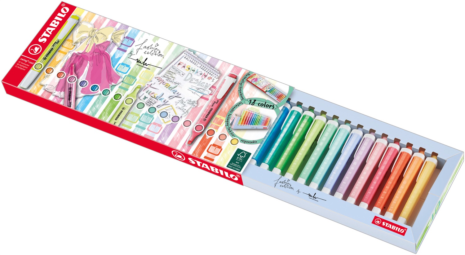 STABILO Evidenziatore Swing Cool Desk-Set - 18 Colori Assortiti (8 Neon 10 Pastel) - Design Elegante e Sostenibile