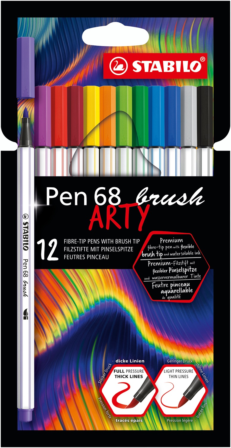 Stabilo Pen 68 brush ARTY - Pennarello a pennello, astuccio da 12 colori assortiti, inchiostro a base d'acqua, acquarellabile e miscelabile