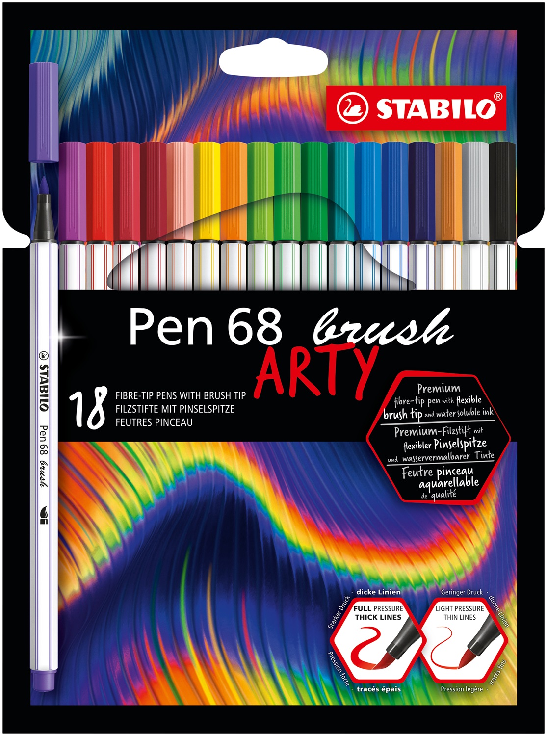 STABILO Pen 68 brush - Pennarello Premium con punta a pennello - ARTY - Astuccio da 18 colori assortiti