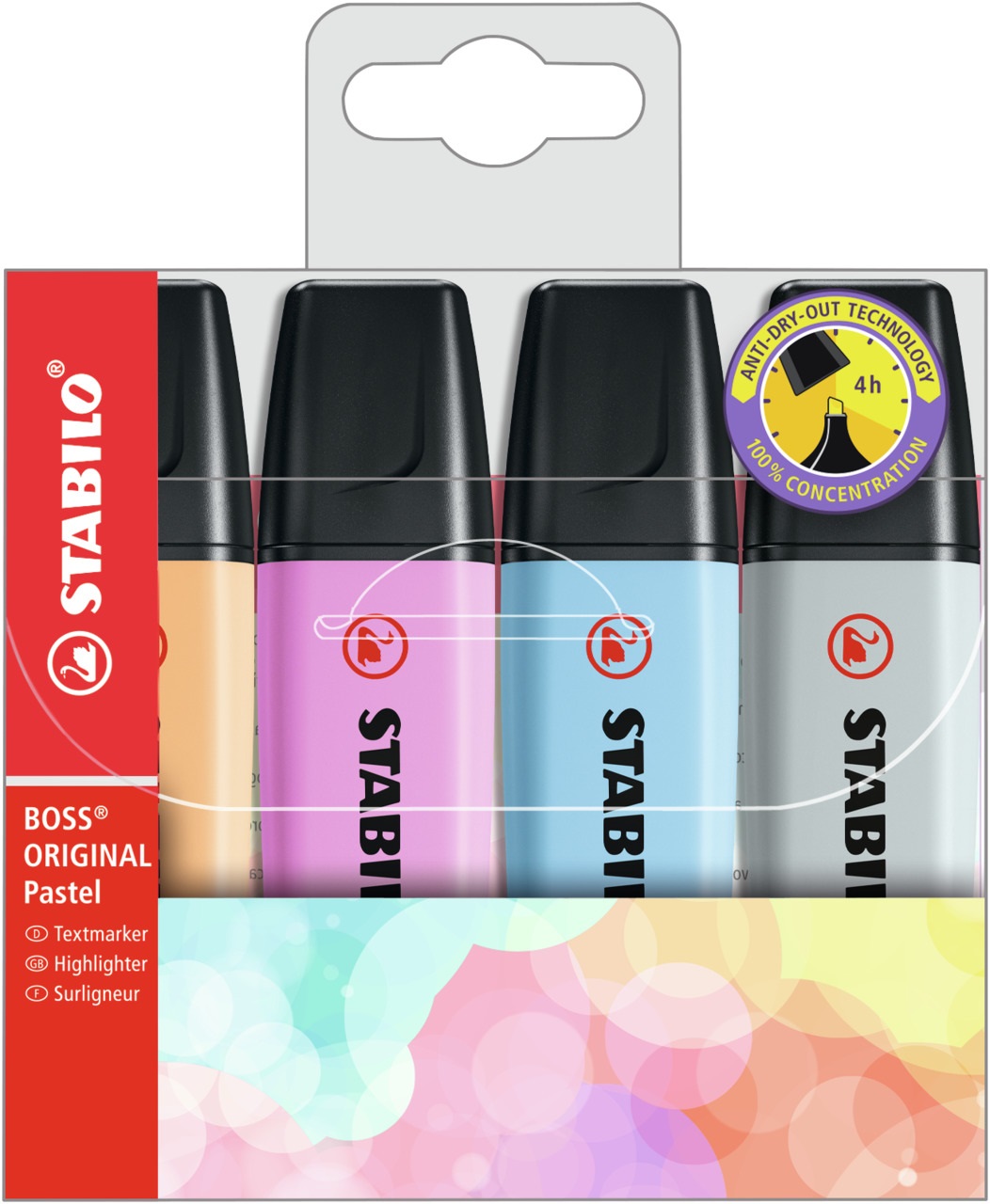 Stabilo Boss Original Pastel - Evidenziatore 4 pz - Colori Assortiti (Arancione Papaya, Fucsia Freddo, Azzurro Cielo, Grigio Polvere) - Tratto 2-5 mm