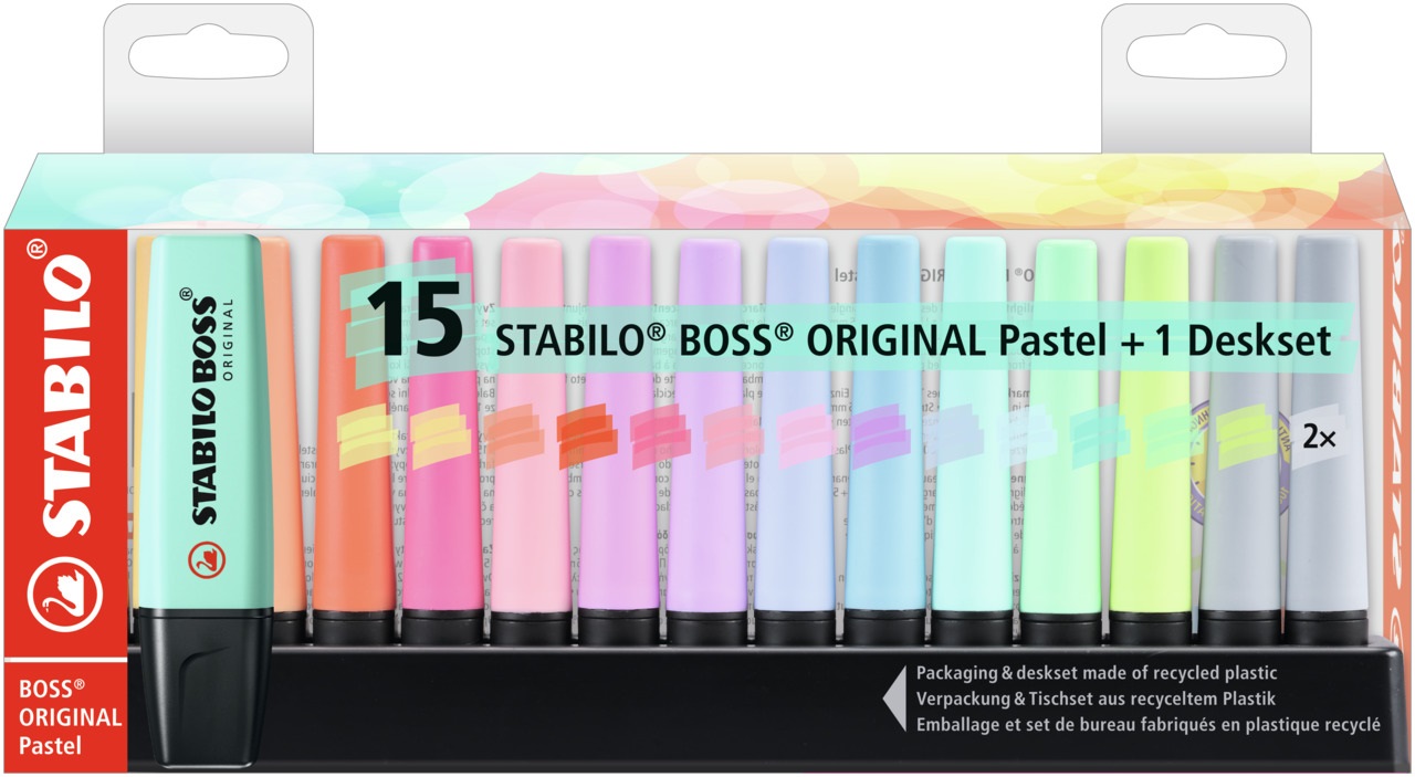 STABILO BOSS ORIGINAL Pastel - Evidenziatore - Confezione da 15 pezzi - Tratto 2-5 mm - Tecnologia Anti-Dry-Out