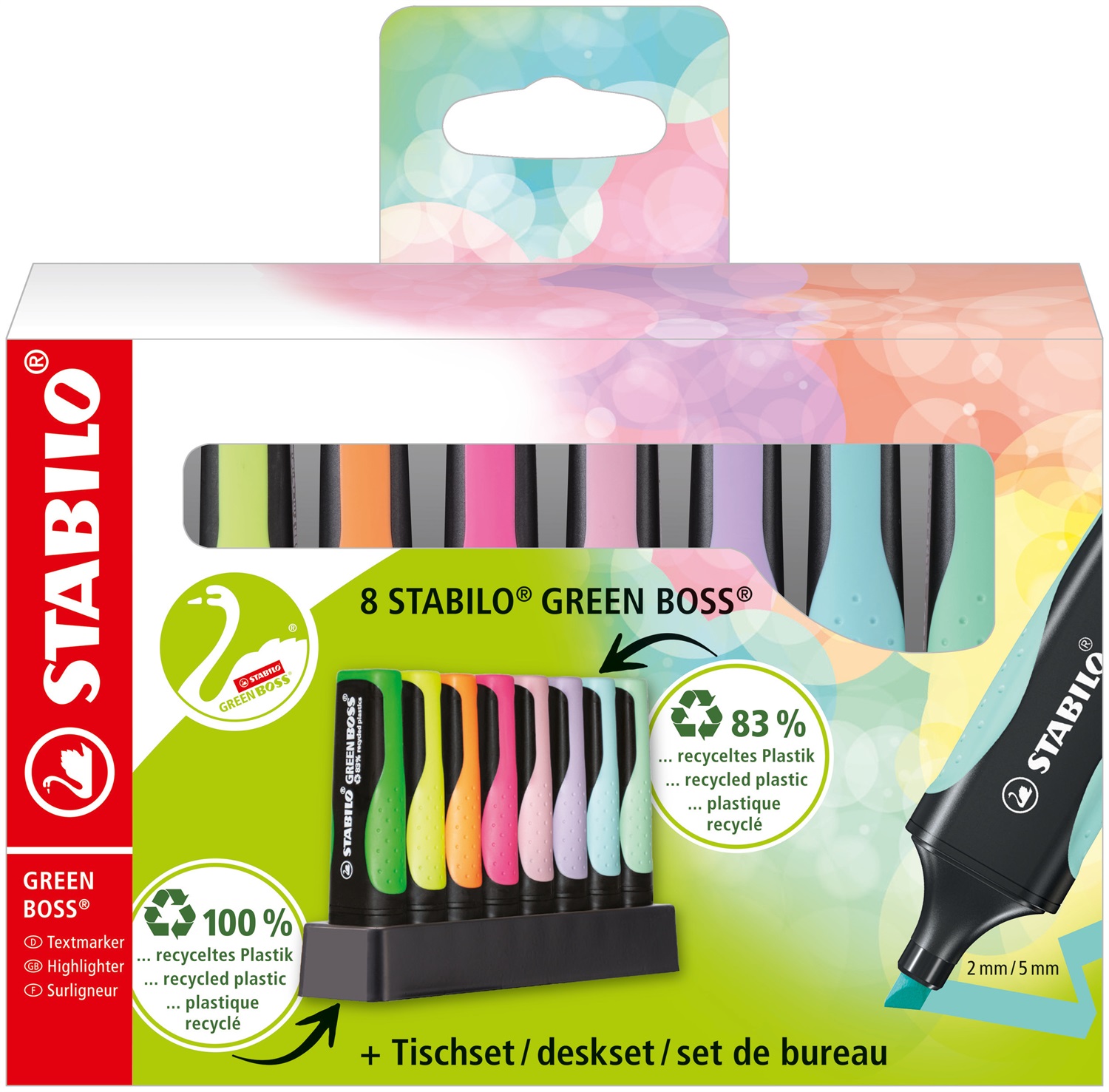 STABILO GREEN BOSS Pastel - Evidenziatore Ecosostenibile - Desk-Set da 8 pz con 4 Colori Neon e 4 Colori Pastel, Punta a Scalpello, Ampiezza Tratto 2-5 mm