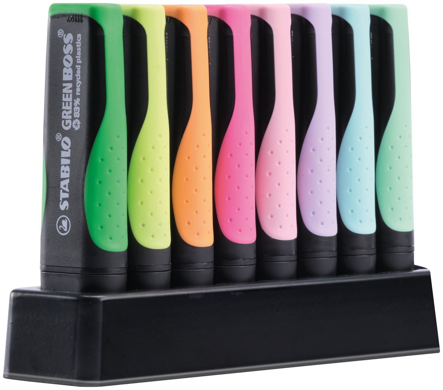 STABILO GREEN BOSS Pastel - Evidenziatore Ecosostenibile - Desk-Set da 8 pz con 4 Colori Neon e 4 Colori Pastel, Punta a Scalpello, Ampiezza Tratto 2-5 mm
