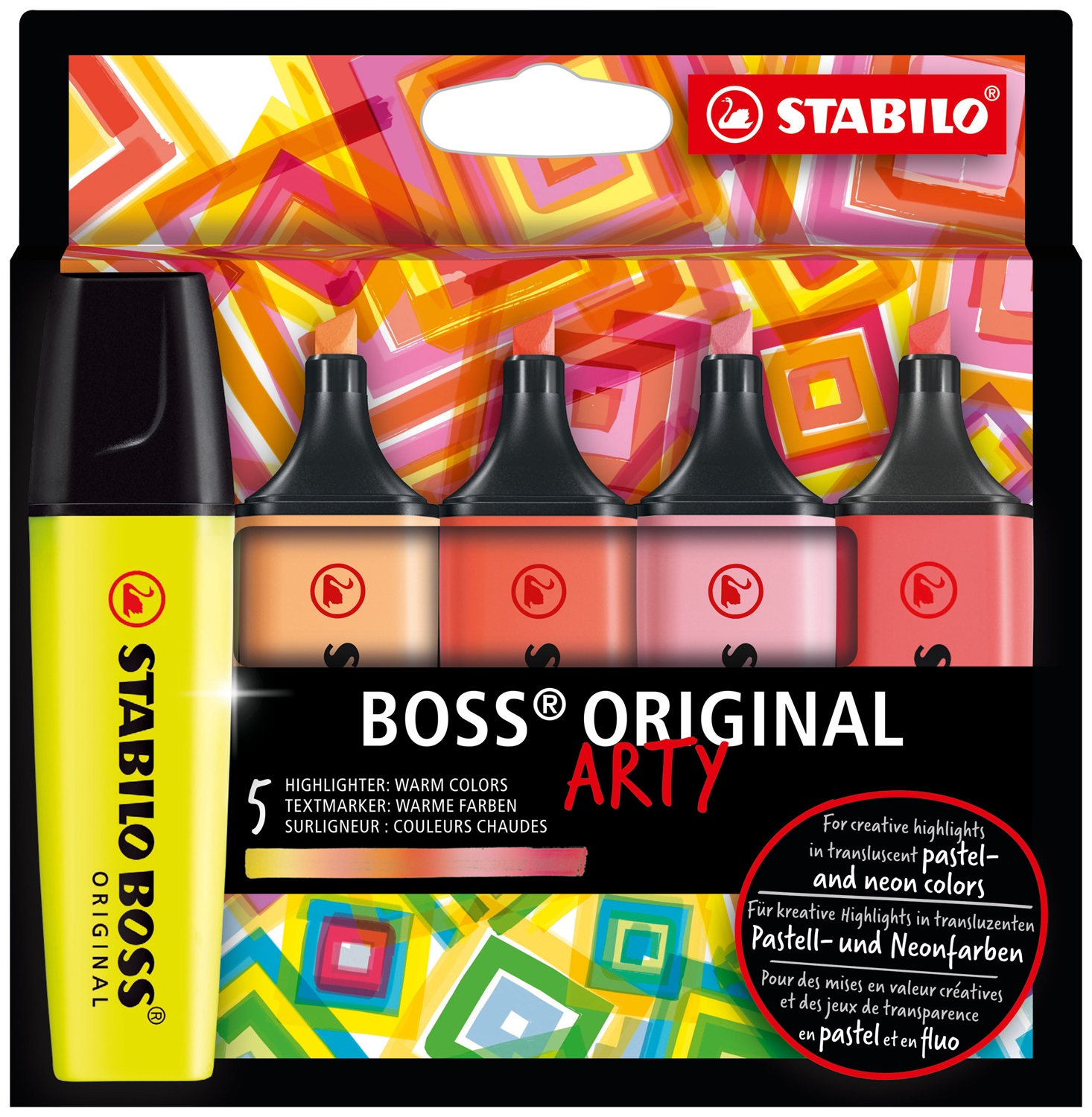 Stabilo BOSS ORIGINAL - ARTY - Evidenziatore con Punta a Scalpello, Astuccio da 5 pz, Colori Caldi Assortiti, Ampiezza Tratto 2 5 mm, Inchiostro Fluorescente