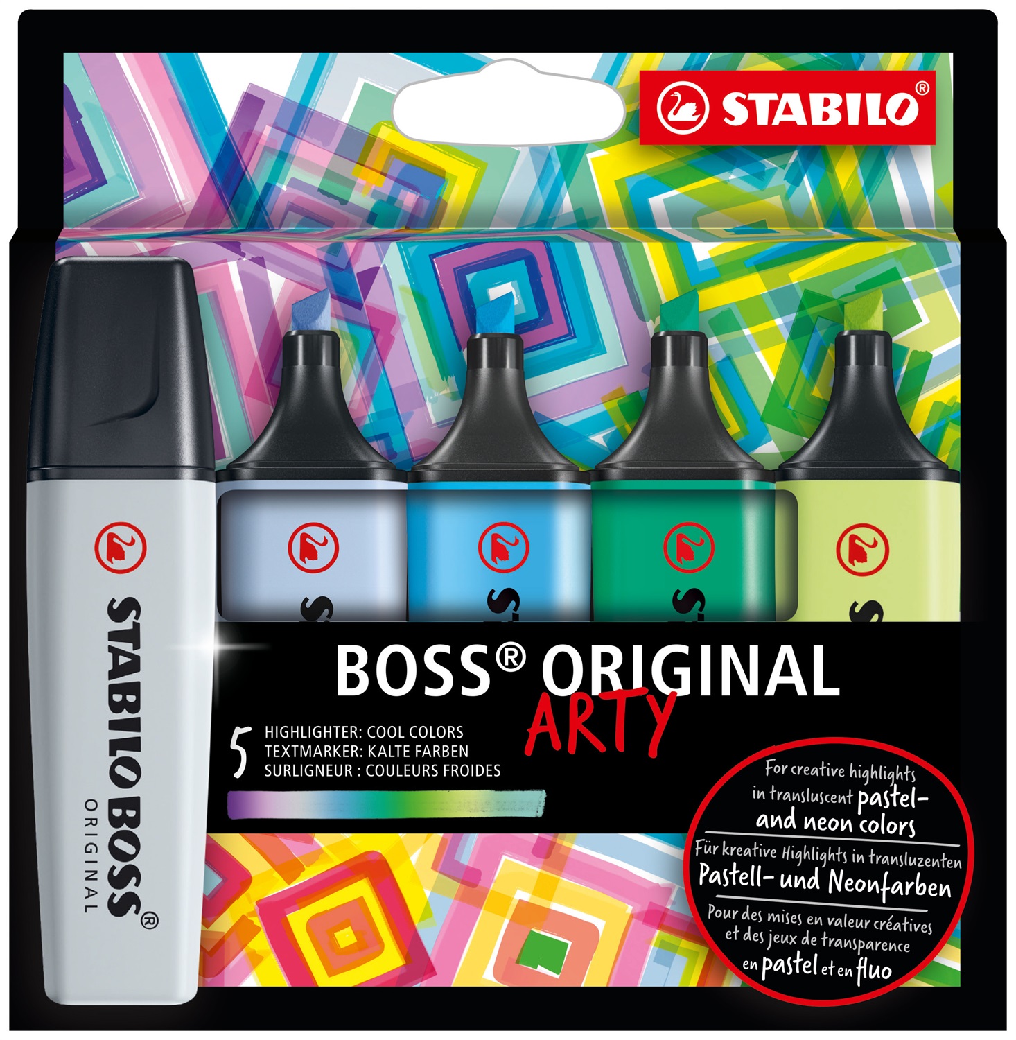 STABILO BOSS ORIGINAL ARTY - Evidenziatore Cool Colors - Astuccio da 5 pz - Colori freddi assortiti - Punta smussata con tecnologia Anti-Dry-Out