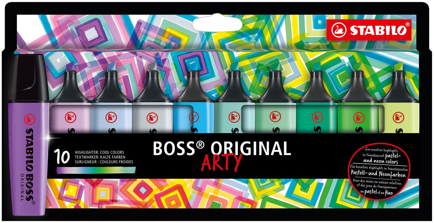 Stabilo BOSS ORIGINAL - ARTY Evidenziatore Astuccio da 10 Colori Assortiti Freddi Punta Doppia (2 5 mm) con Tecnologia Anti-Dry-Out