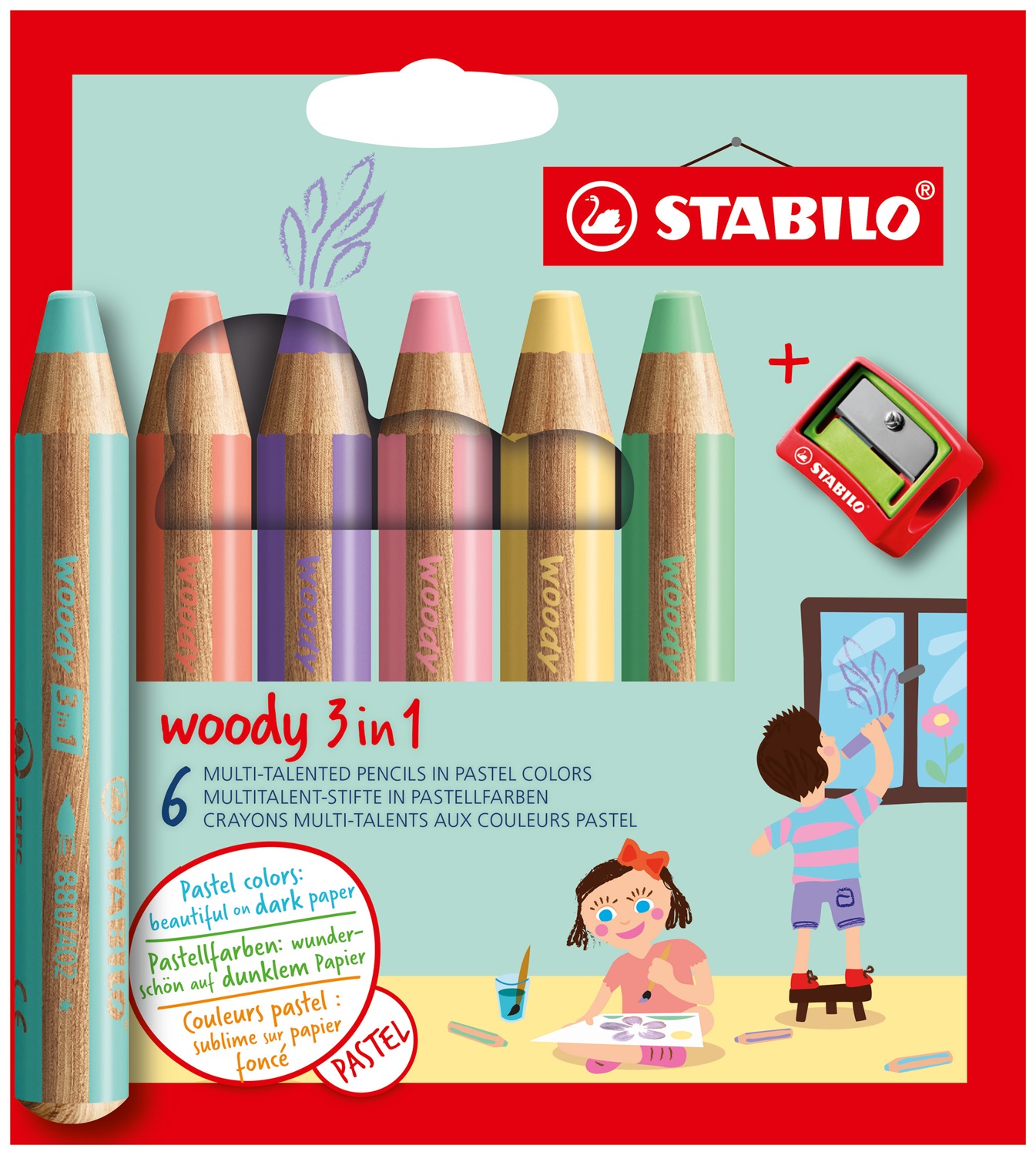 Stabilo Woody 3 in 1 - Matita colorata Multi-Funzione con Punta Larga - Astuccio da 6 Colori Pastello Assortiti - Include Temperino