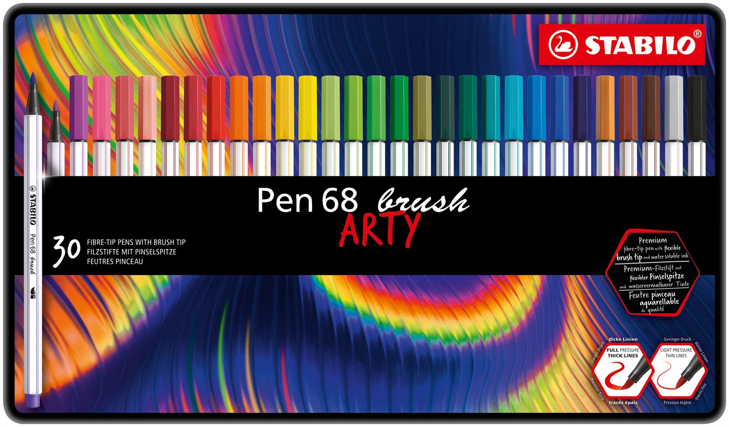 Stabilo Pen 68 brush - Pennarello Premium con punta a pennello - ARTY - Scatola in metallo da 30 colori assortiti