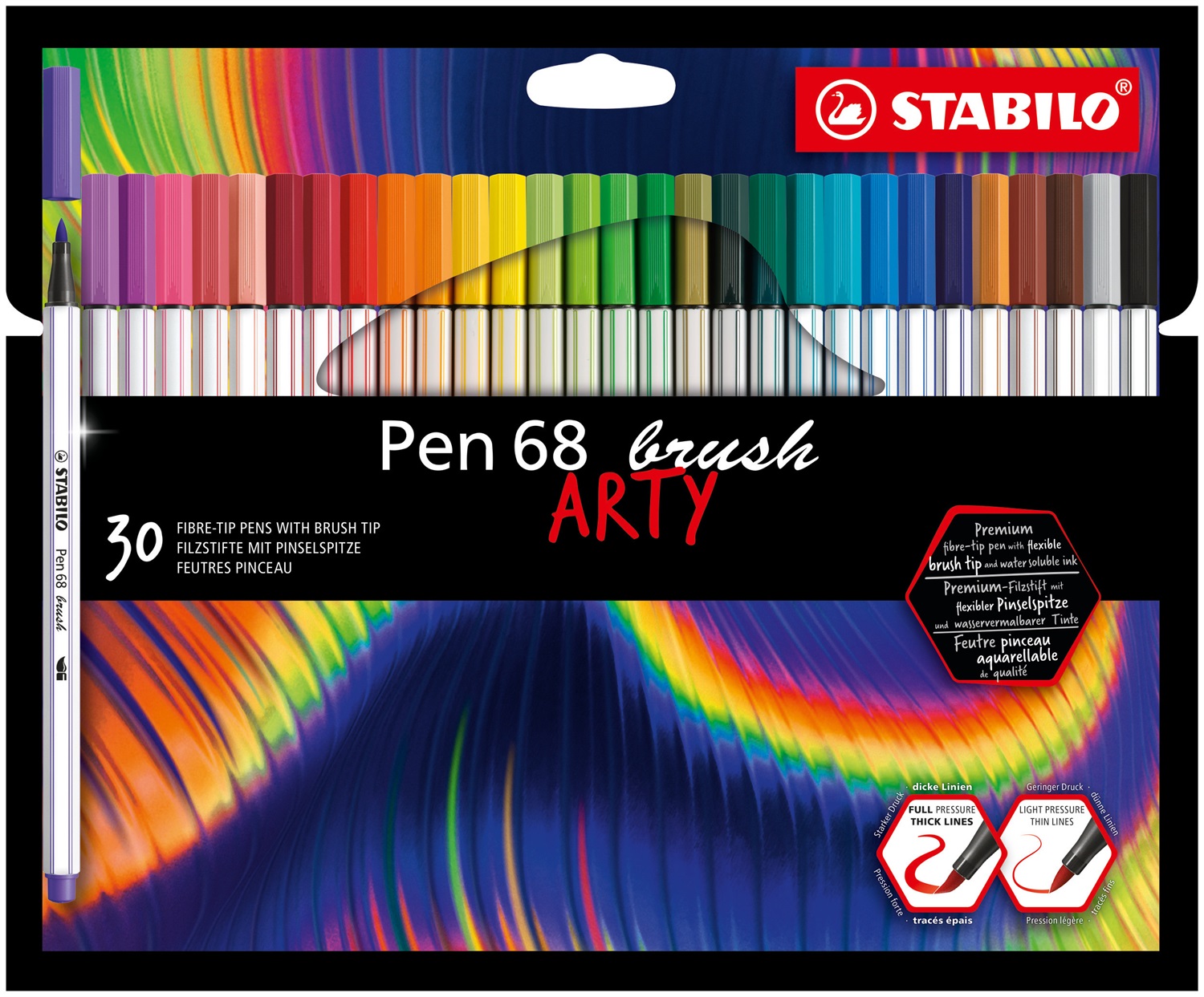 STABILO Pen 68 brush ARTY - Pennarello Premium con punta a pennello - Astuccio da 30 colori assortiti - Inchiostro a base d'acqua, acquarellabile e miscelabile
