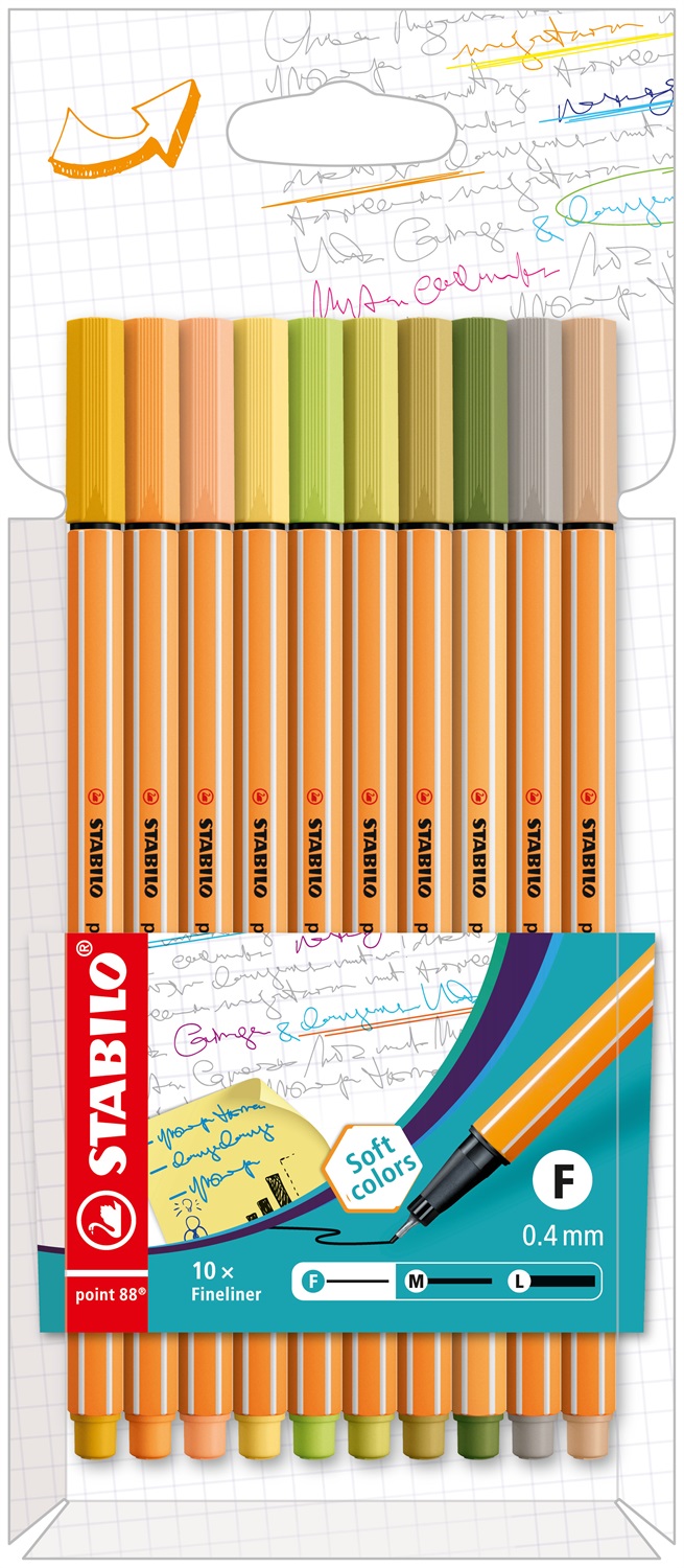 Stabilo Fineliner Point 88 - Penna tecnica 0,4 mm - Astuccio da 10 Soft Colors - Fusto esagonale con punta rinforzata