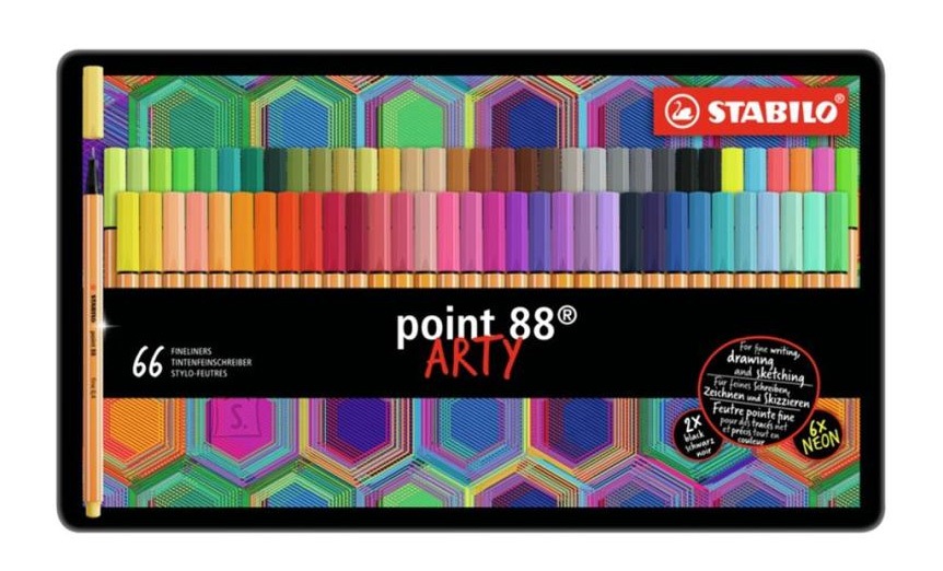 Stabilo Fineliner Point 88 ARTY - Penna tecnica 0,4 mm con punta rinforzata in metallo - Scatola in metallo da 66 colori assortiti