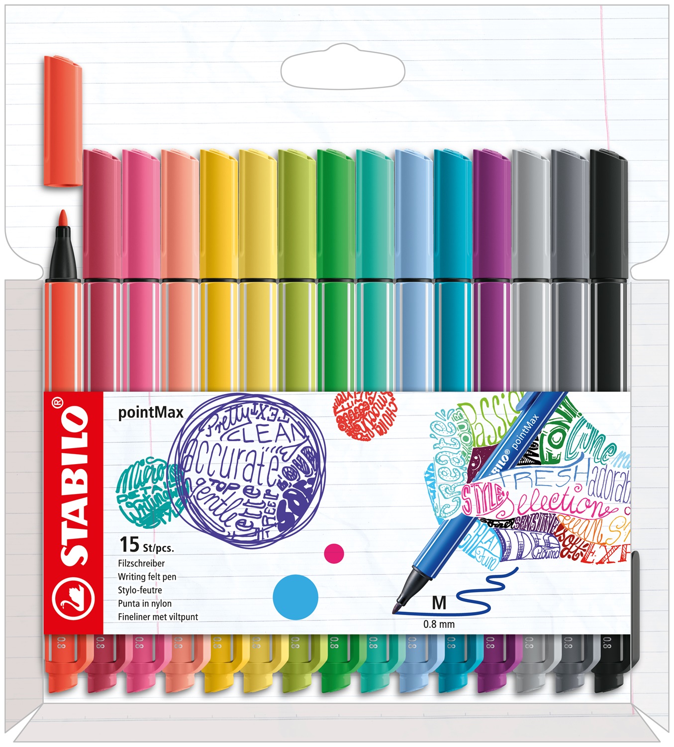 Stabilo Point Max Fineliner Premium - Astuccio da 15 colori assortiti - Punta nylon 0.8 mm, inchiostro a base d'acqua