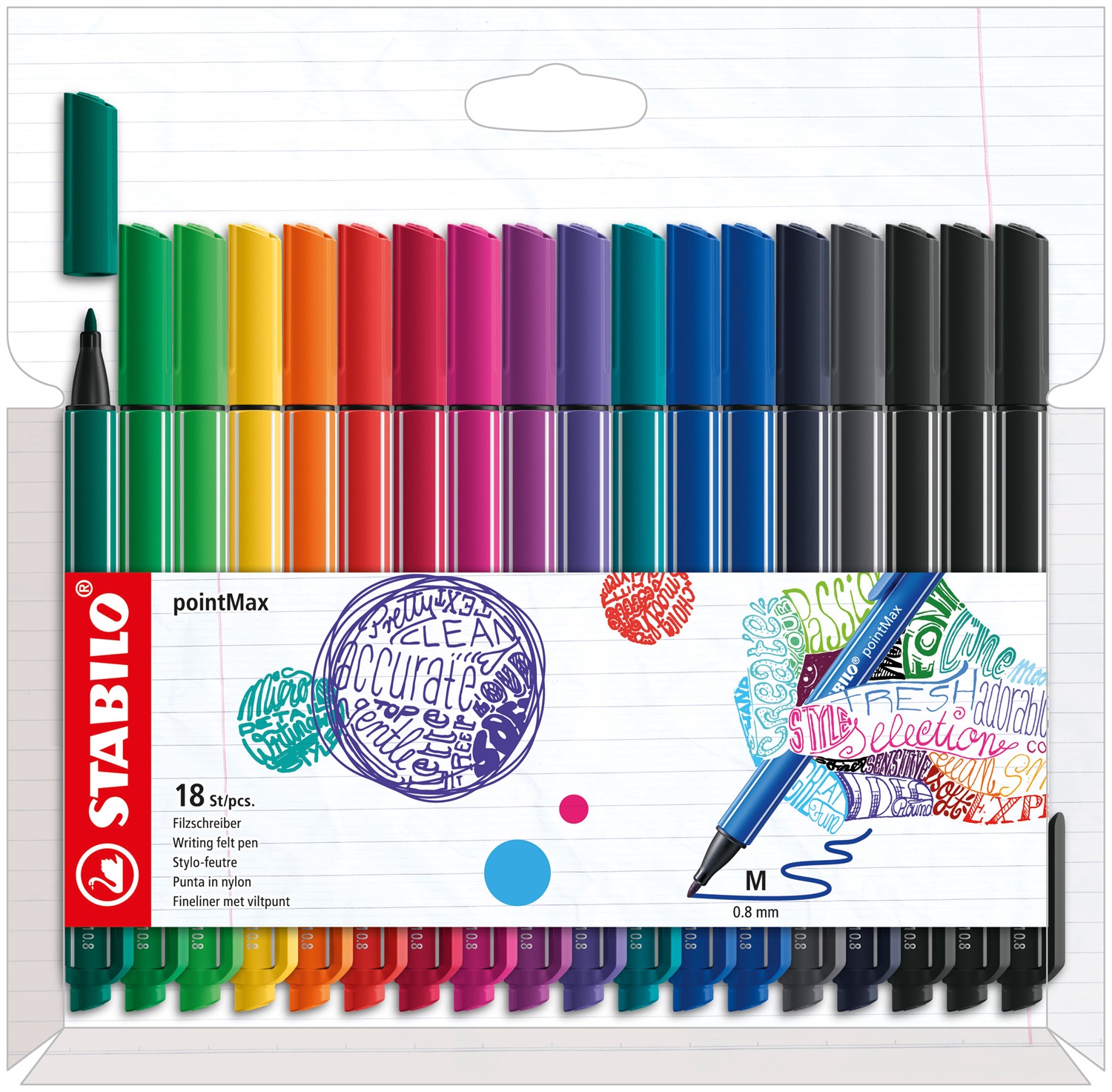 Stabilo PointMax Fineliner Premium - Astuccio da 18 colori assortiti, punta nylon 0.8 mm, asciugatura rapida, inchiostro inodore