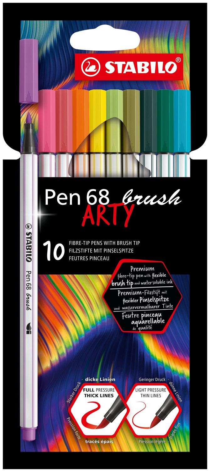 Stabilo Pen 68 brush - Pennarello Premium con punta a pennello - ARTY - Astuccio da 10 colori assortiti