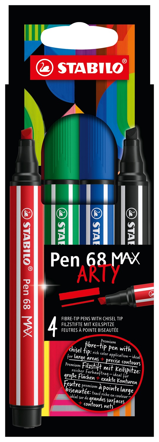 Stabilo Pen 68 MAX - Pennarello Premium con punta scalpello (1 5 mm) - Confezione da 4 pezzi - Colori assortiti