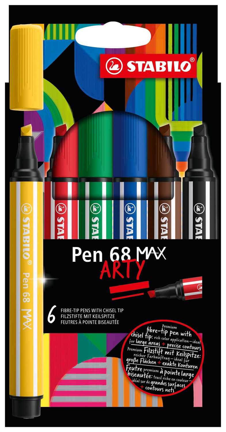 STABILO Pen 68 MAX Pennarello con Punta Scalpello - Astuccio da 6 Colori Assortiti (1 mm e 5 mm)