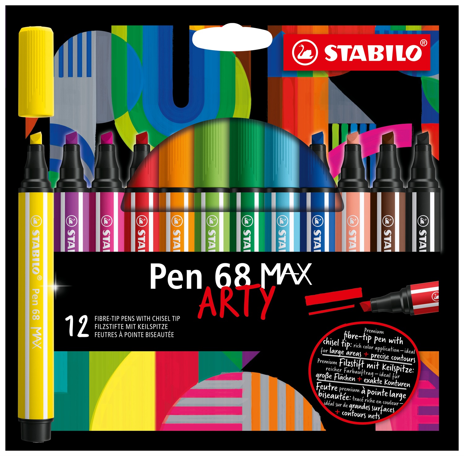 STABILO Pen 68 MAX - Pennarello Premium a tratto doppio (1 5 mm) con punta a scalpello - Astuccio da 12 colori assortiti