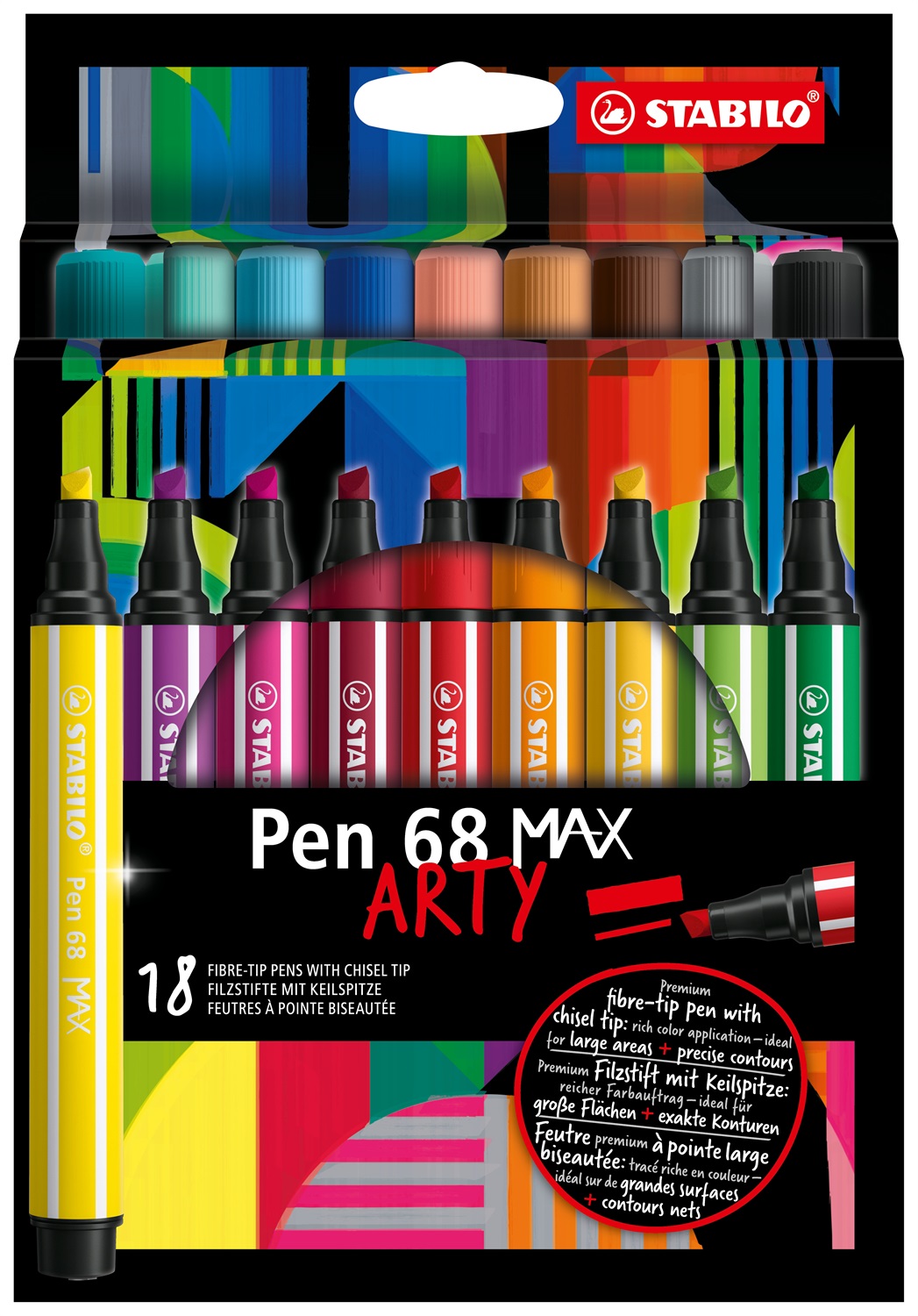 STABILO Pen 68 MAX - Pennarello Premium con punta scalpello (1 5 mm) - Astuccio da 18 colori assortiti